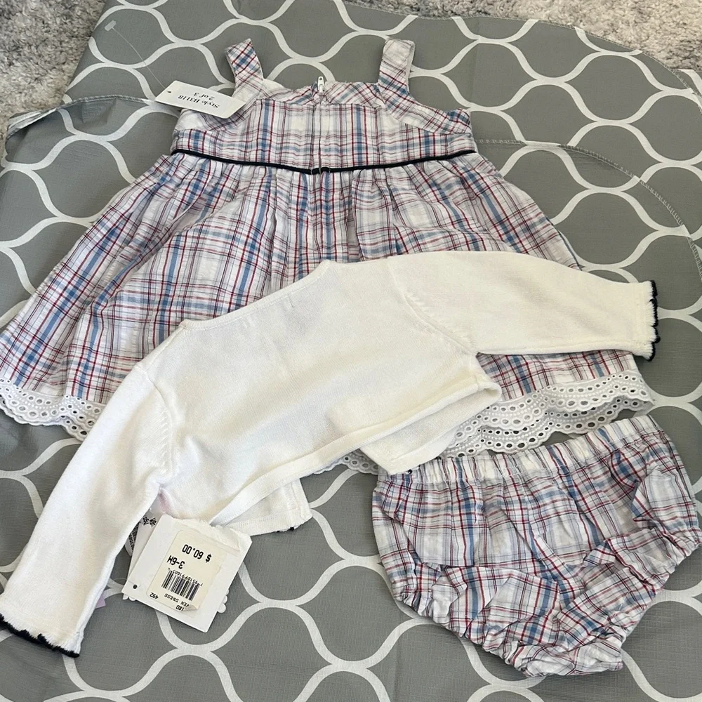 Plaid Dress Set with White Cardigan and Diaper Cover